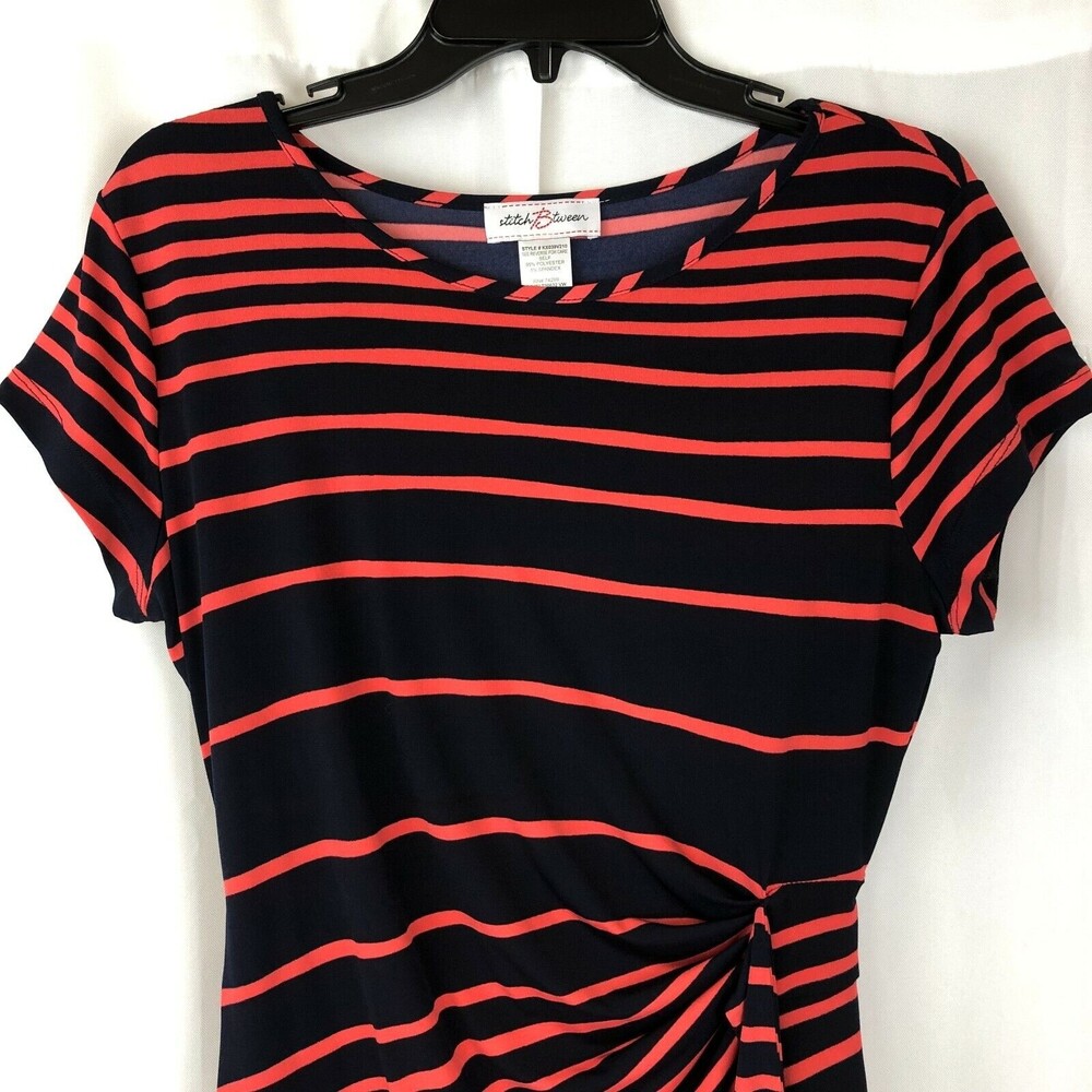 Stitch Between Womens Medium Striped Navy Blue & Coral Dress Wrap Around Waist